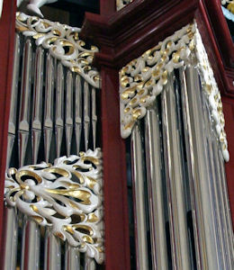 Wood carved ornamentation, pipe shade carvings for Fritts organ at St Joseph's Cathedral, Columbus, OH