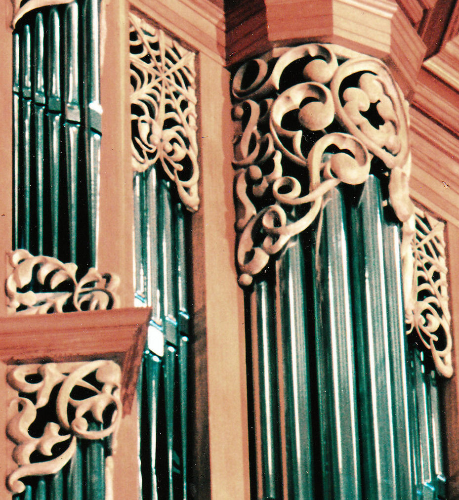 Carvings for the organ at the Gottfried and Mary Fuchs Organ, Pacific Lutheran University, Tacoma Washington, wood carver Jude Fritts