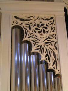 Gothic tracery pipe shade carving at top for St. Philip Presbyterian Church, Houston TX