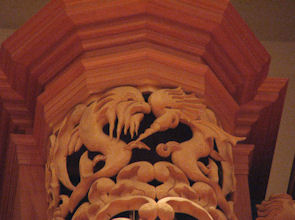 Carved sculpture of sea monsters for pipe shade carvings for the organ at the Gottfried and Mary Fuchs Organ, Pacific Lutheran University, Tacoma Washington, wood carver Jude Fritts