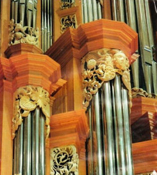 Carved faces, carvings for the organ at the Gottfried and Mary Fuchs Organ, Pacific Lutheran University, Tacoma Washington, wood carver Jude Fritts